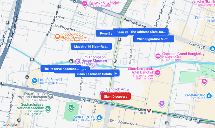 Screenshot of Siam Discovery (shopping) area showing nearby condos and landmarks in Bangkok