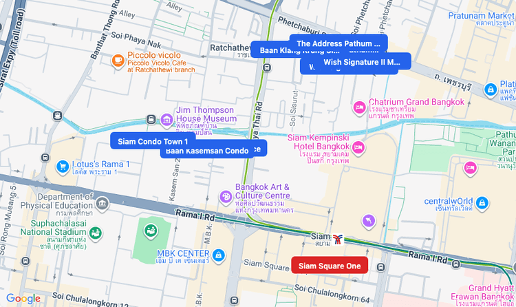 Screenshot of Siam Square One (shopping) area showing nearby condos and landmarks in Bangkok