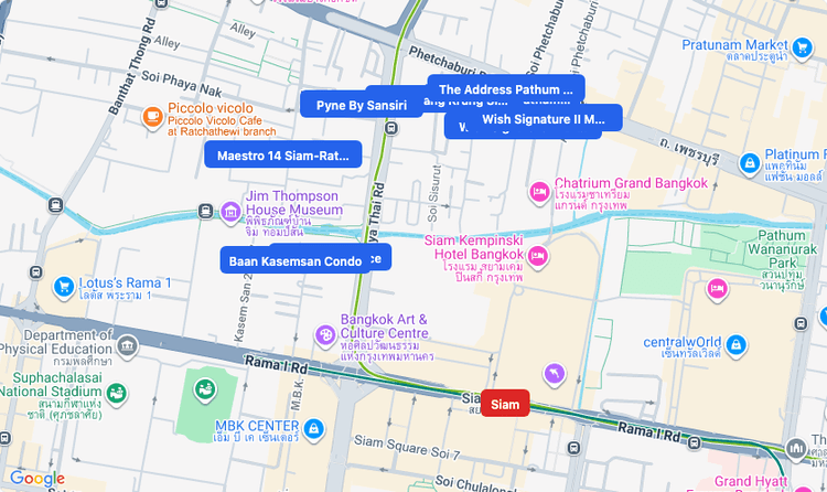Screenshot of Siam (BTS Sukhumvit (Green), BTS Silom (Green)) area showing nearby condos and landmarks in Bangkok