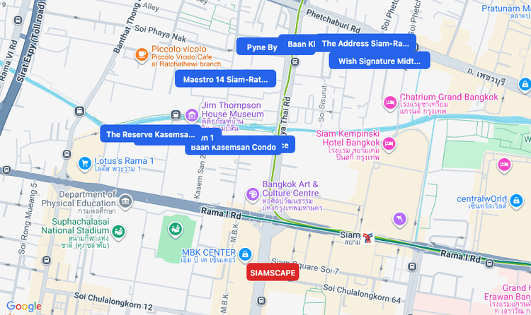 Screenshot of SIAMSCAPE (shopping) area showing nearby condos and landmarks in Bangkok