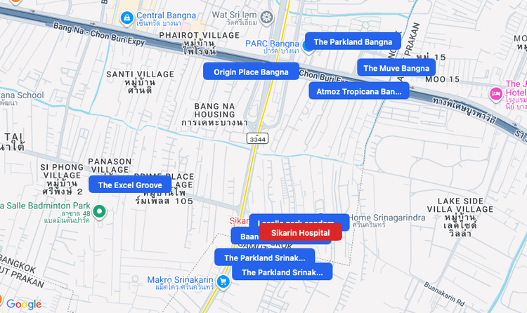 Screenshot of Sikarin Hospital (hospital) area showing nearby condos and landmarks in Bangkok