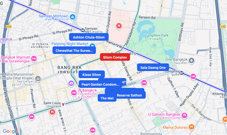 Screenshot of Silom Complex (shopping) area showing nearby condos and landmarks in Bangkok