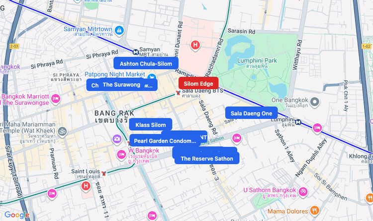 Screenshot of Silom Edge (shopping) area showing nearby condos and landmarks in Bangkok