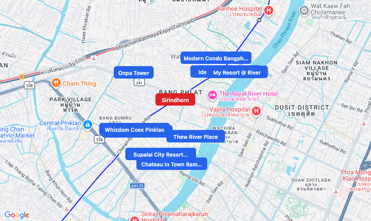 Screenshot of Sirindhorn (MRT Purple) area showing nearby condos and landmarks in Bangkok