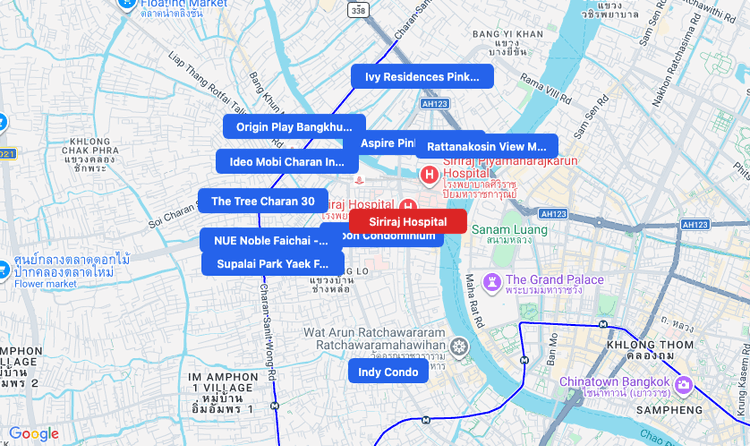 Screenshot of Siriraj Hospital (hospital) area showing nearby condos and landmarks in Bangkok