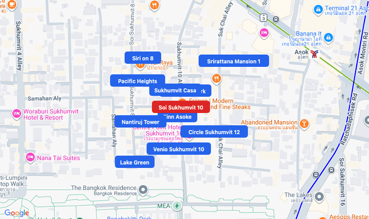 Screenshot of Soi Sukhumvit 10 (area) area showing nearby condos and landmarks in Bangkok