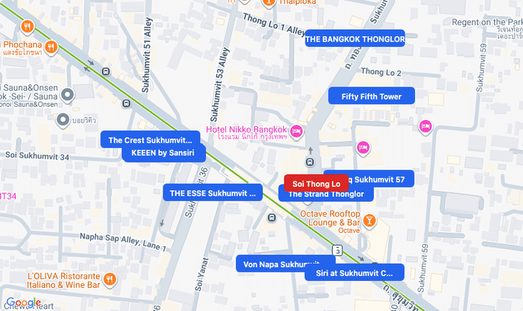 Screenshot of Soi Thong Lo (area) area showing nearby condos and landmarks in Bangkok