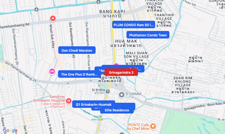 Screenshot of Srinagarindra 3 (area) area showing nearby condos and landmarks in Bangkok