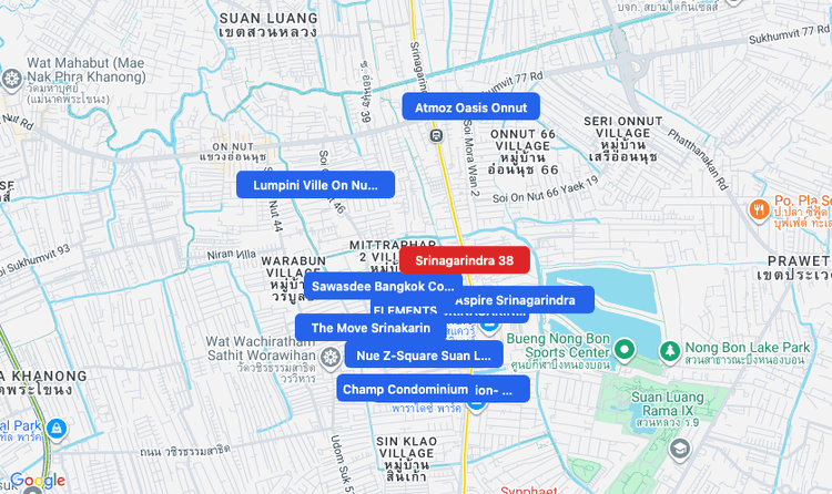 Screenshot of Srinagarindra 38 (MRT Yellow) area showing nearby condos and landmarks in Bangkok