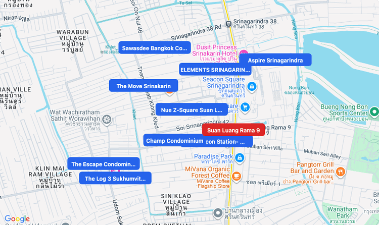 Screenshot of Suan Luang Rama 9 (MRT Yellow) area showing nearby condos and landmarks in Bangkok