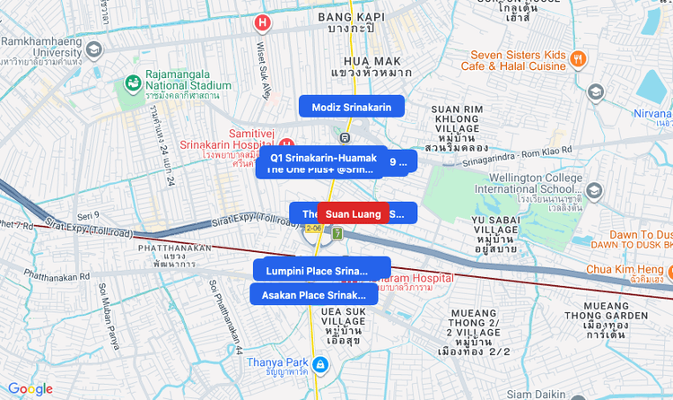 Screenshot of Suan Luang (area) area showing nearby condos and landmarks in Bangkok