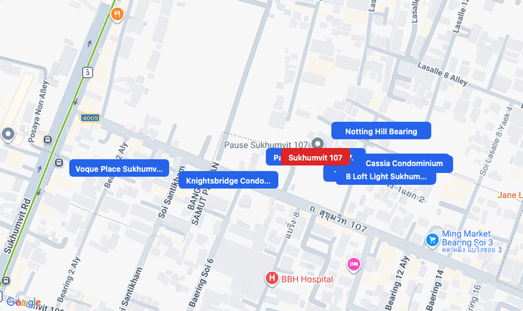 Screenshot of Sukhumvit 107 (area) area showing nearby condos and landmarks in Bangkok