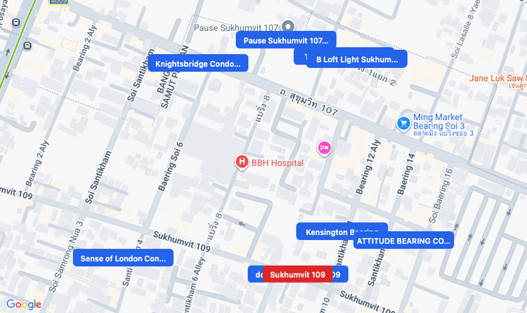 Screenshot of Sukhumvit 109 (area) area showing nearby condos and landmarks in Bangkok