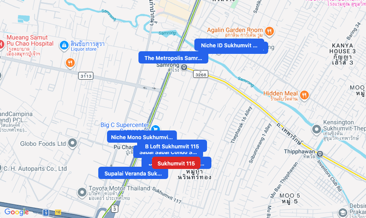 Screenshot of Sukhumvit 115 (area) area showing nearby condos and landmarks in Bangkok
