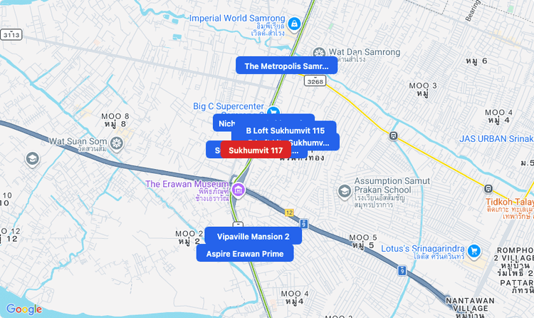 Screenshot of Sukhumvit 117 (area) area showing nearby condos and landmarks in Bangkok