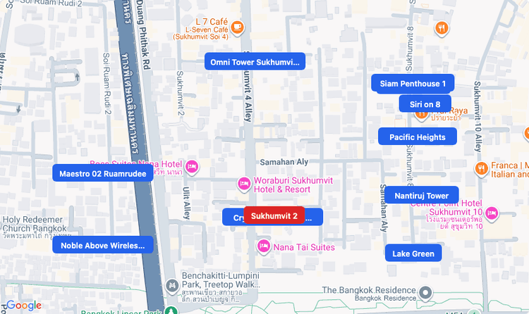 Screenshot of Sukhumvit 2 (area) area showing nearby condos and landmarks in Bangkok