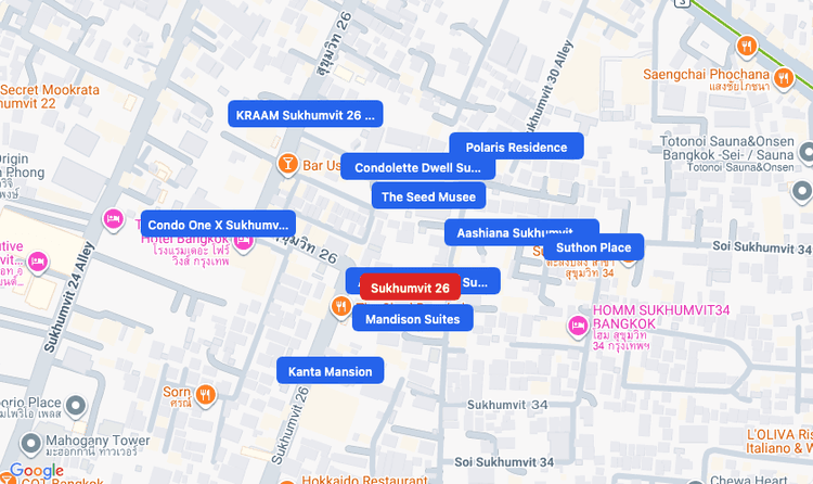 Screenshot of Sukhumvit 26 (area) area showing nearby condos and landmarks in Bangkok