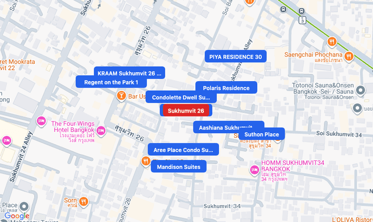 Screenshot of Sukhumvit 26 (area) area showing nearby condos and landmarks in Bangkok