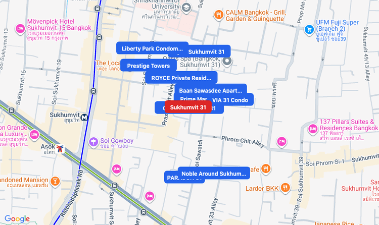 Screenshot of Sukhumvit 31 (area) area showing nearby condos and landmarks in Bangkok