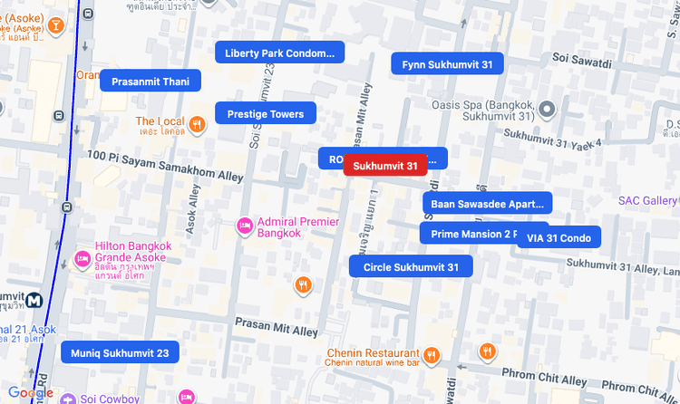 Screenshot of Sukhumvit 31 (area) area showing nearby condos and landmarks in Bangkok