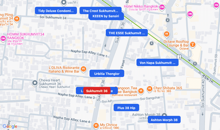 Screenshot of Sukhumvit 36 (area) area showing nearby condos and landmarks in Bangkok