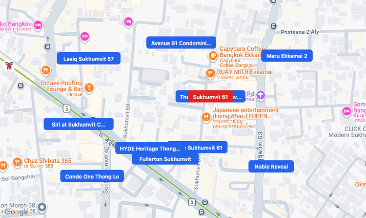 Screenshot of Sukhumvit 61 (area) area showing nearby condos and landmarks in Bangkok