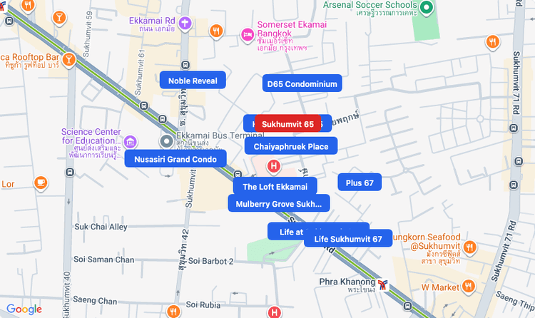 Screenshot of Sukhumvit 65 (area) area showing nearby condos and landmarks in Bangkok