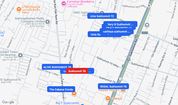 Screenshot of Sukhumvit 76 (area) area showing nearby condos and landmarks in Bangkok
