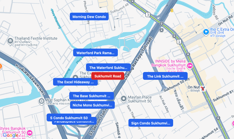 Screenshot of Sukhumvit Road (area) area showing nearby condos and landmarks in Bangkok