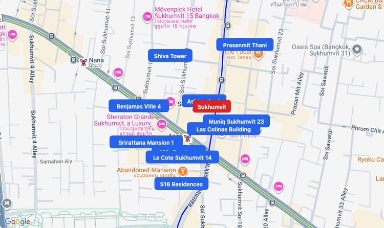 Screenshot of Sukhumvit (MRT Blue) area showing nearby condos and landmarks in Bangkok