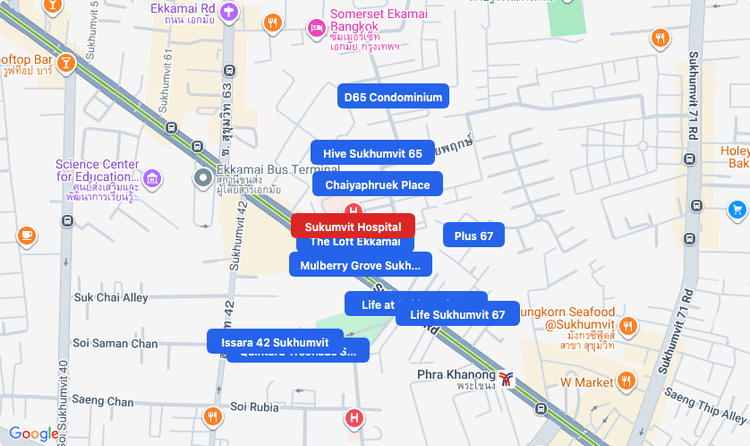Screenshot of Sukumvit Hospital (hospital) area showing nearby condos and landmarks in Bangkok