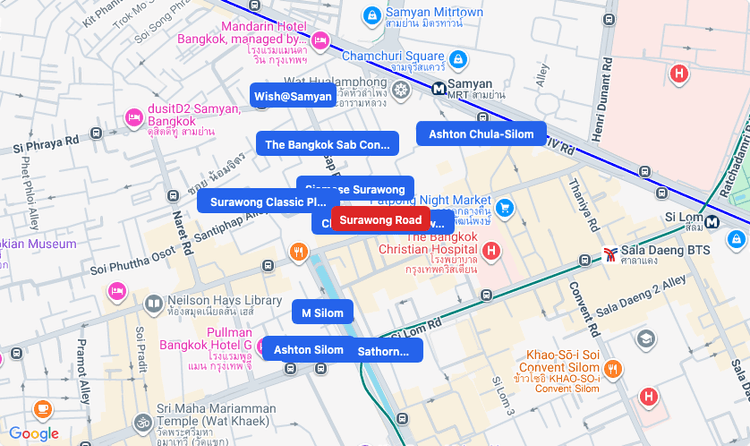 Screenshot of Surawong Road (area) area showing nearby condos and landmarks in Bangkok