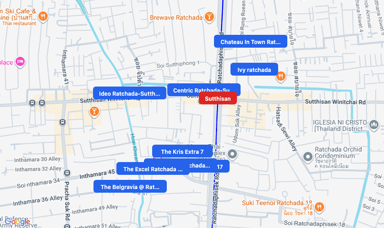 Screenshot of Sutthisan (MRT Blue) area showing nearby condos and landmarks in Bangkok
