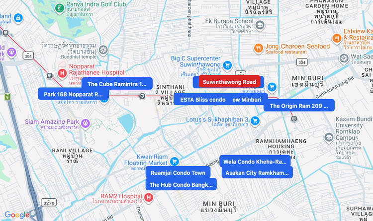 Screenshot of Suwinthawong Road (area) area showing nearby condos and landmarks in Bangkok