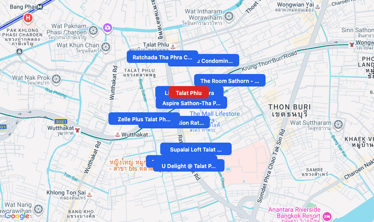 Screenshot of Talat Phlu (area) area showing nearby condos and landmarks in Bangkok