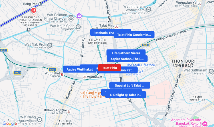 Screenshot of Talat Phlu (BTS Silom (Green)) area showing nearby condos and landmarks in Bangkok