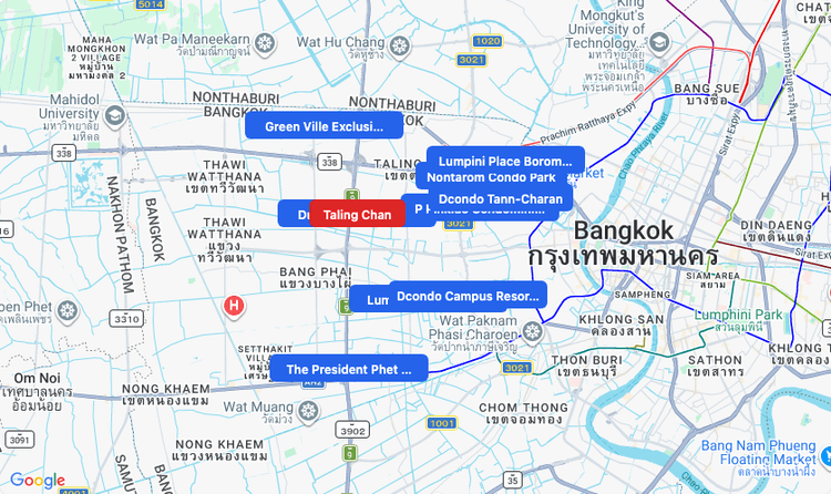 Screenshot of Taling Chan (area) area showing nearby condos and landmarks in Bangkok