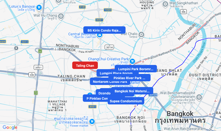 Screenshot of Taling Chan (SRT Red) area showing nearby condos and landmarks in Bangkok