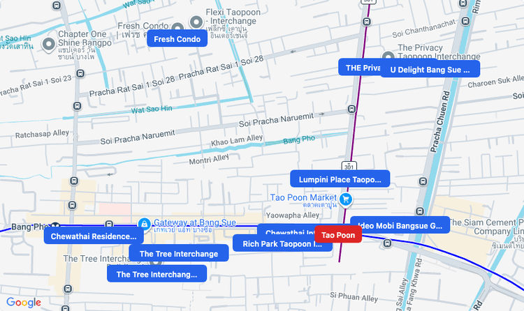 Screenshot of Tao Poon (MRT Blue, MRT Purple) area showing nearby condos and landmarks in Bangkok