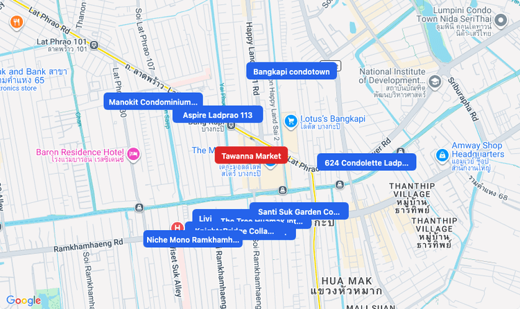 Screenshot of Tawanna Market (shopping) area showing nearby condos and landmarks in Bangkok