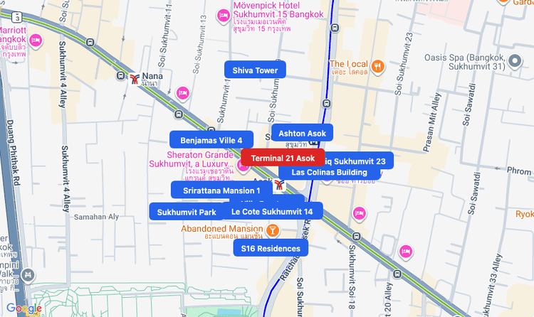 Screenshot of Terminal 21 Asok (shopping) area showing nearby condos and landmarks in Bangkok