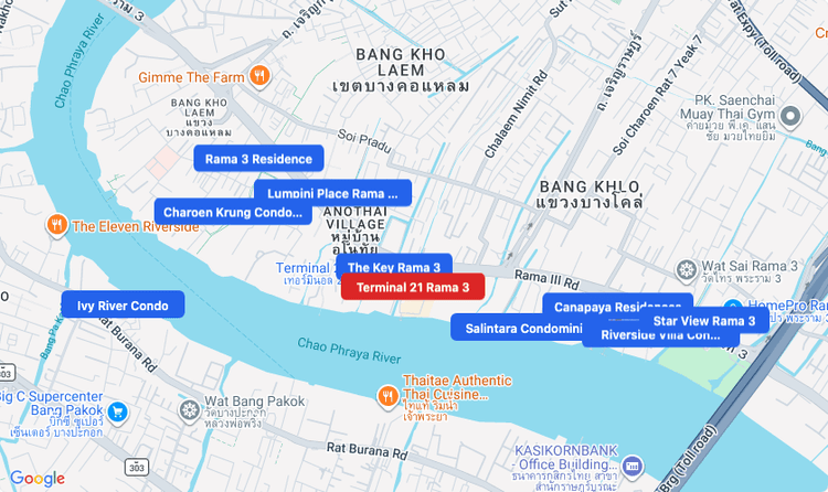 Screenshot of Terminal 21 Rama 3 (shopping) area showing nearby condos and landmarks in Bangkok