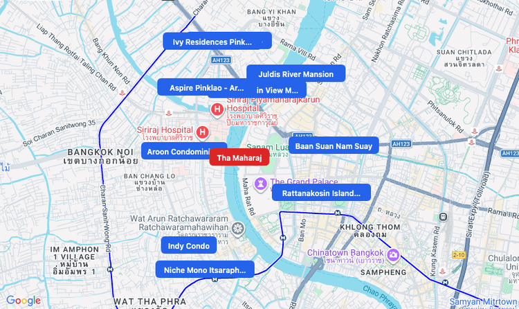 Screenshot of Tha Maharaj (shopping) area showing nearby condos and landmarks in Bangkok