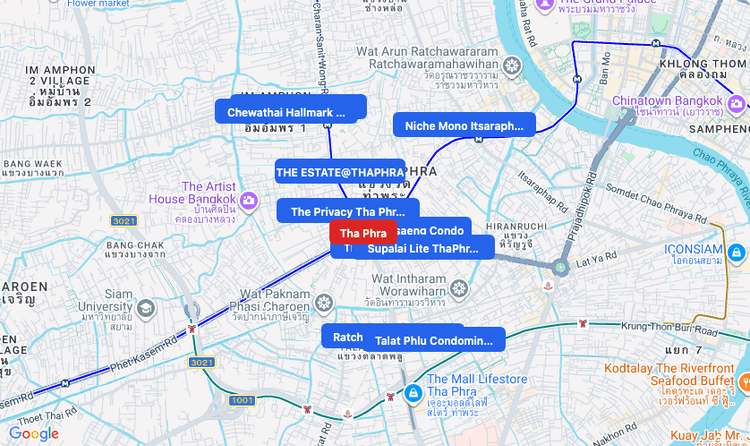 Screenshot of Tha Phra (MRT Blue) area showing nearby condos and landmarks in Bangkok