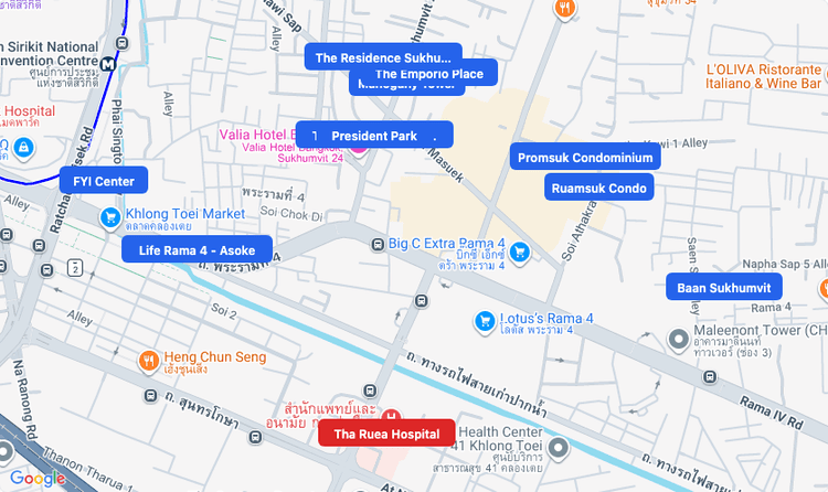 Screenshot of Tha Ruea Hospital (hospital) area showing nearby condos and landmarks in Bangkok