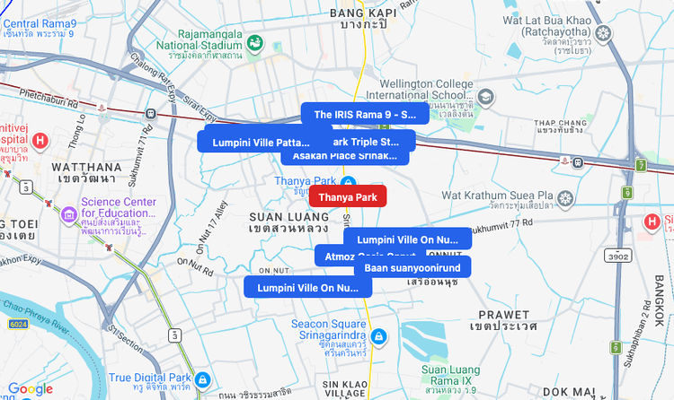 Screenshot of Thanya Park (shopping) area showing nearby condos and landmarks in Bangkok