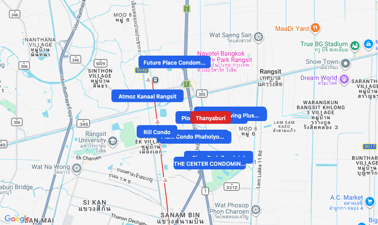 Screenshot of Thanyaburi (area) area showing nearby condos and landmarks in Bangkok