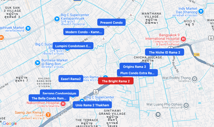 Screenshot of The Bright Rama 2 (shopping) area showing nearby condos and landmarks in Bangkok