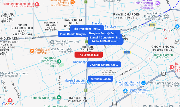 Screenshot of The Explace Mall (shopping) area showing nearby condos and landmarks in Bangkok
