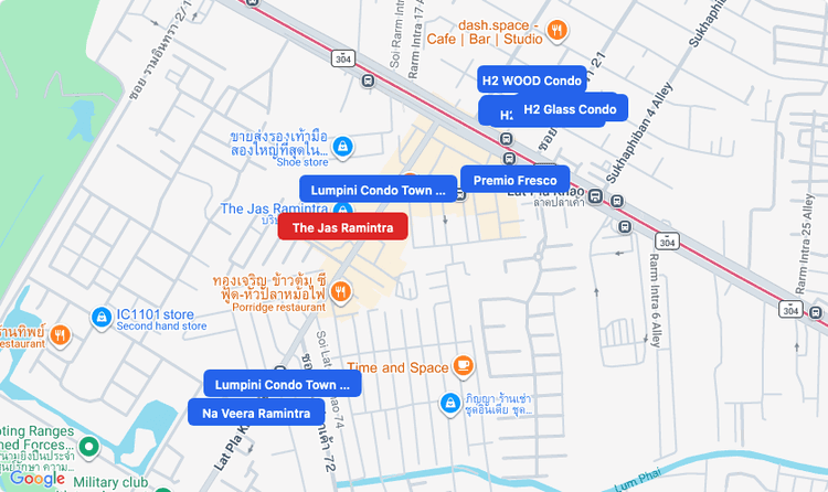 Screenshot of The Jas Ramintra (shopping) area showing nearby condos and landmarks in Bangkok